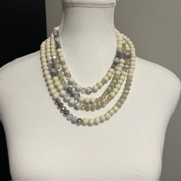 Ivory Wood Beads White Gray Marble Beads 4 Strand Choker Necklace - Picture 4 of 7